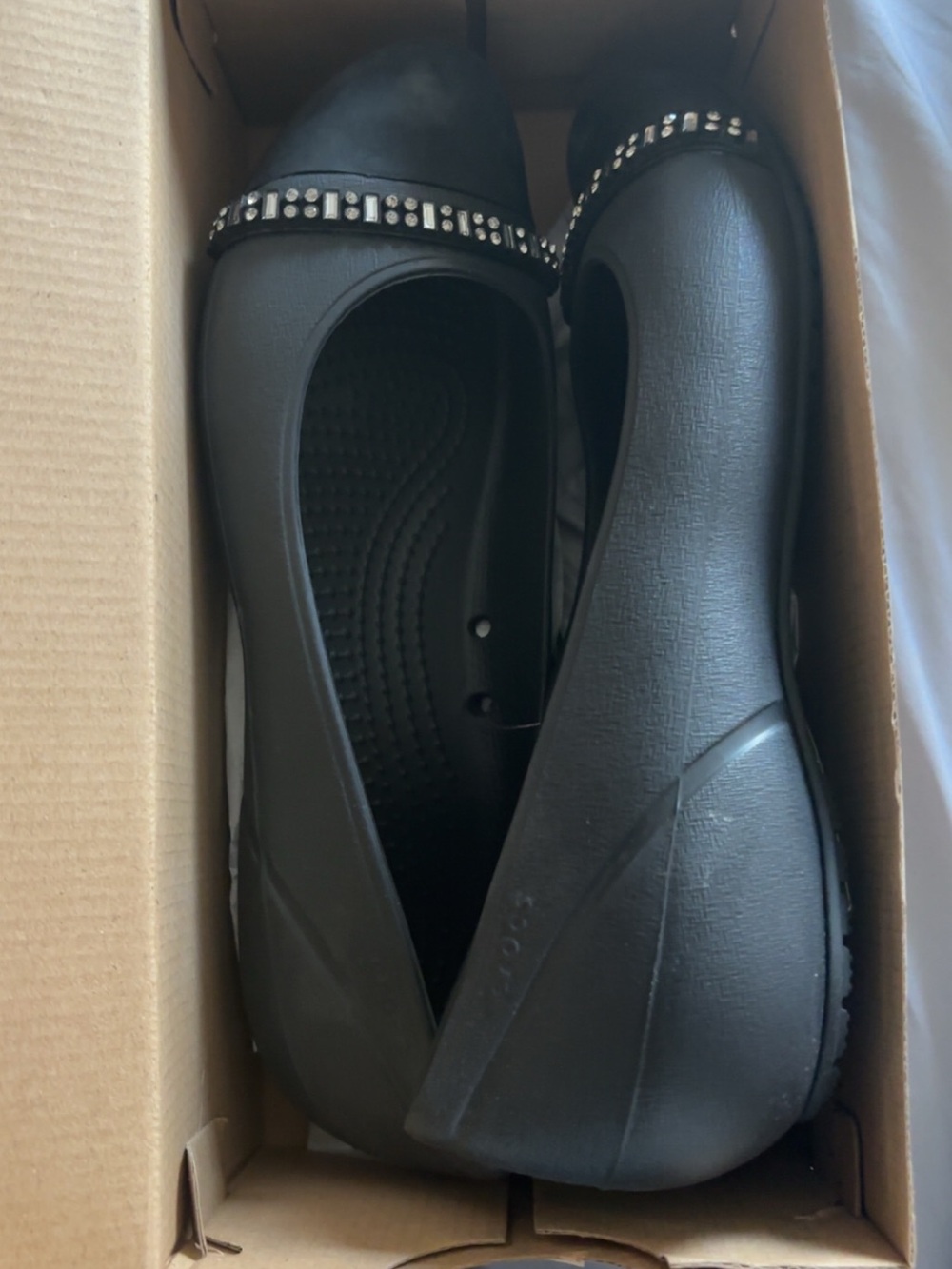 CROCS Cap Toe Rhinestone Flats in Black